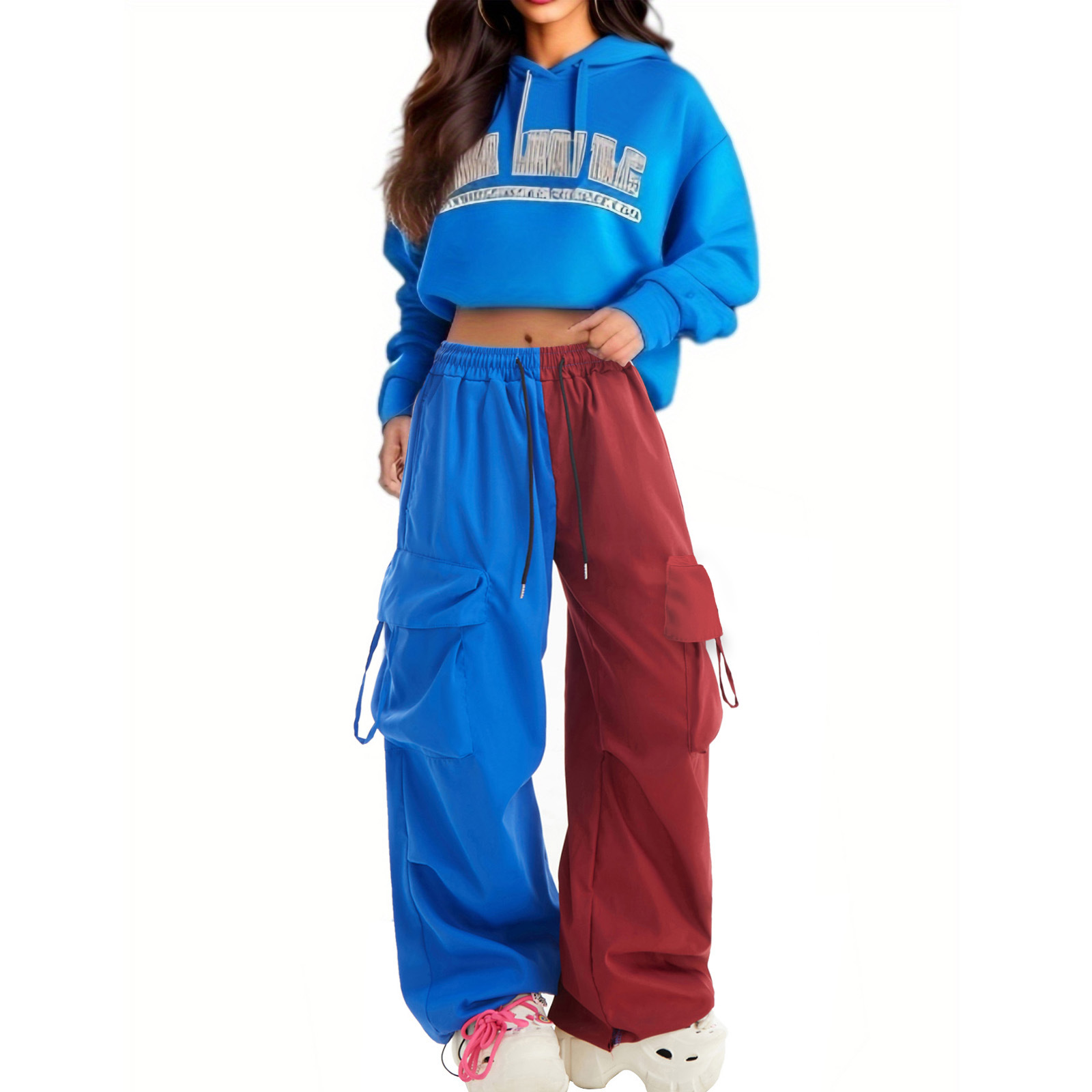 American color-blocking workwear pants, hip-hop color-blocking fashionable casual sportswear pants, women's spring loose retro trend wide-leg pants