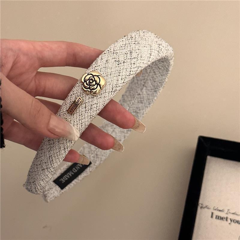 Elegant and retro camellia gold thread sponge hairband, high head Korean-style hairband, scented hairpin, elegant and girlish pic 14