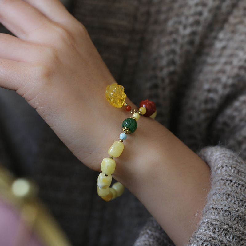 Natural beeswax figurine bracelet, hanging beeswax rose, Nan Hong Laughing Buddha, jade and turquoise retro jewelry for women Specification image