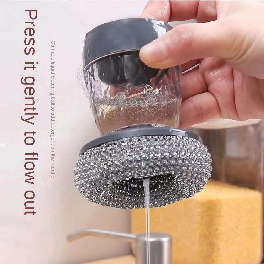 Factory direct supply of press-type automatic liquid addition pot washing brush, kitchen and household stove cleaning brush, steel wool ball Specification image