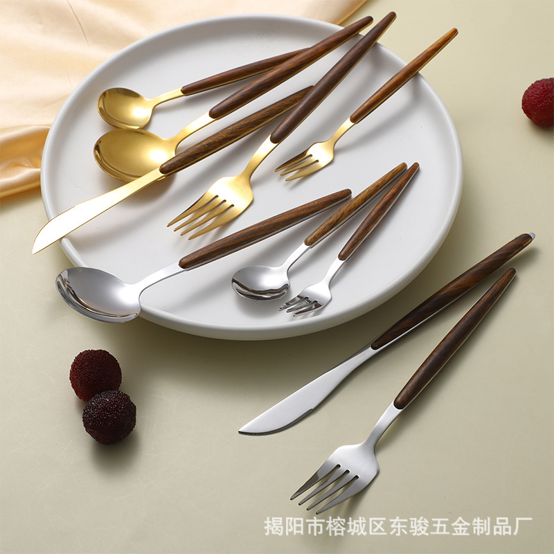 Wholesale Stainless Steel Imitation Wooden Handle Knife, Fork And Spoon Portuguese Western-Style Tableware Wooden Grain Tableware Clip Handle Tableware Japanese Tableware details Picture