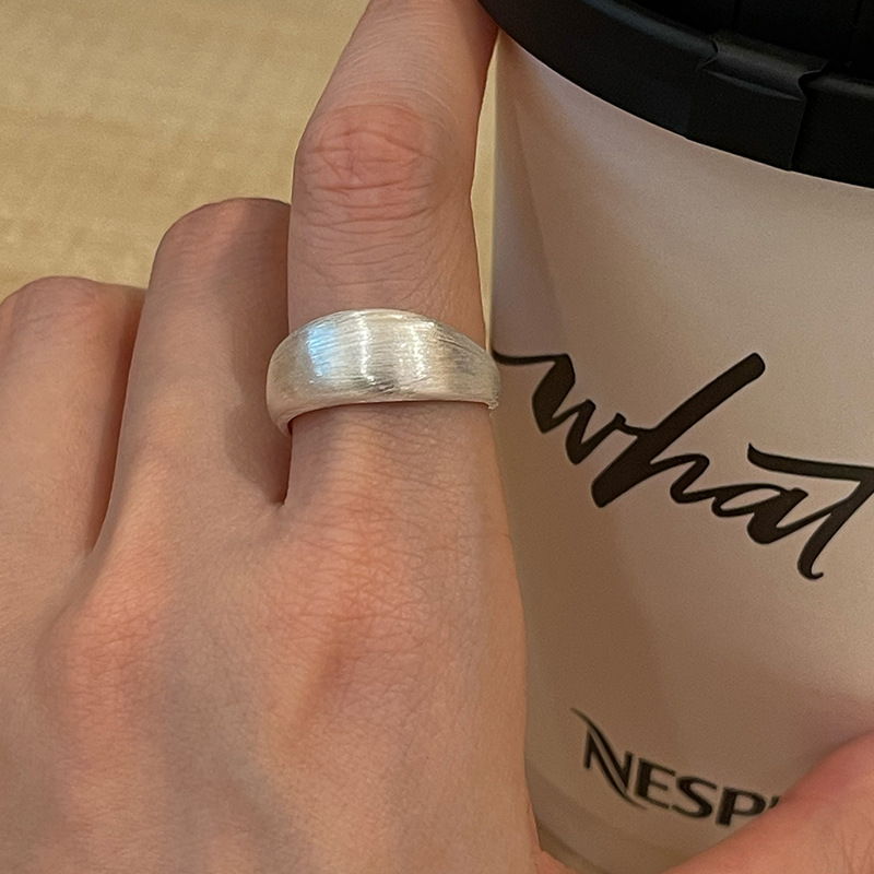 s925 sterling silver brushed frosted ring for women, wide plain bezel, ins minimalist minimalist design, personalized layered ring