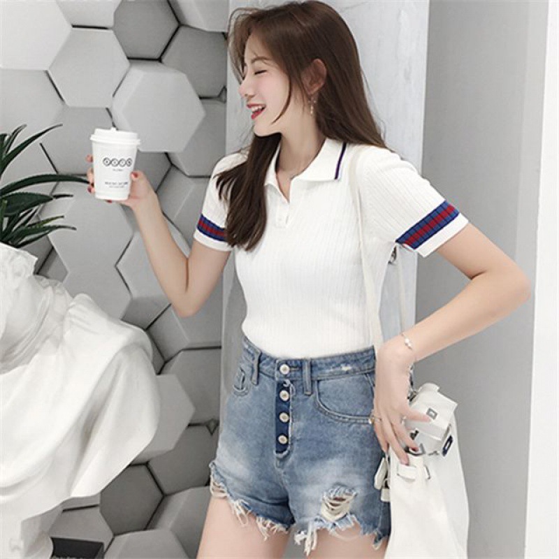Summer new T-shirt, ice silk knitted sweater, women's wear, school style short-sleeved, slimming, Chic retro lapel top Application Scenario