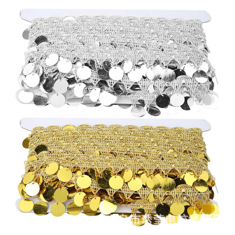 In stock: 3cm laser sequin lace, golden tassel lace, dance costume and accessory lace Application Scenario