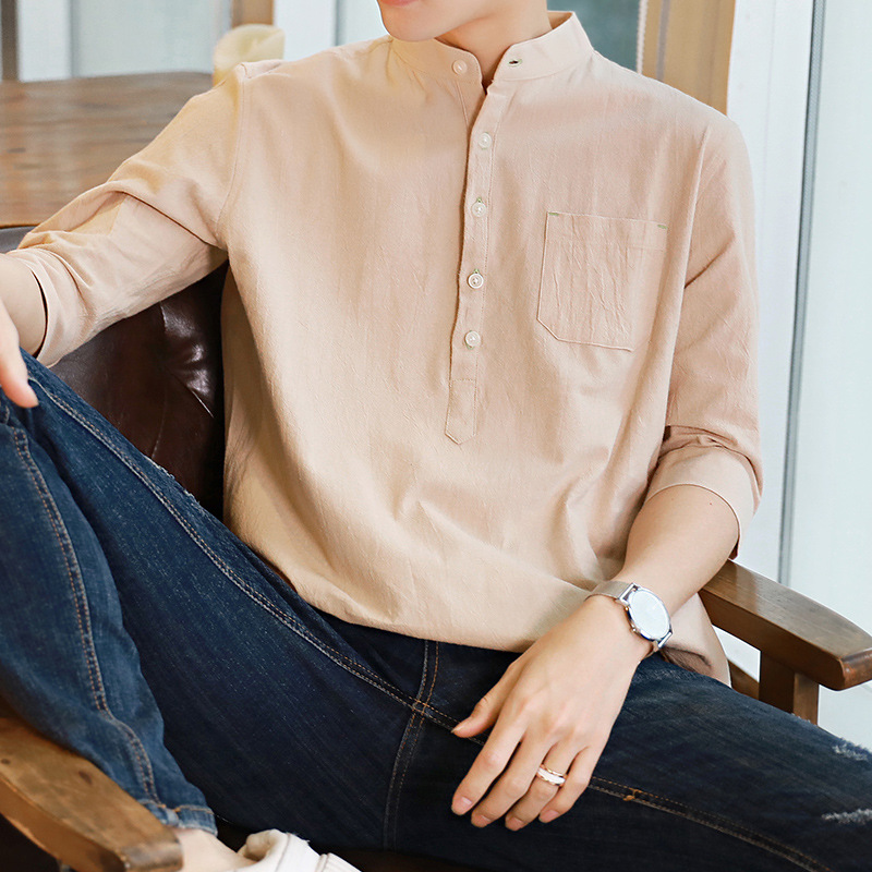 Men's summer Korean-style trendy, cool, casual and versatile linen top, seven-inch short-sleeved men's white shirt Specification image