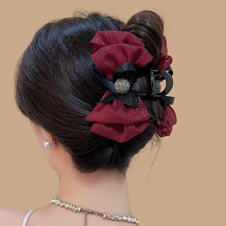 Red New Year Hair Accessories Net Gauze Bubble Bow Clip Korean Elegant Hair Clip Shark Clip Advanced Sense