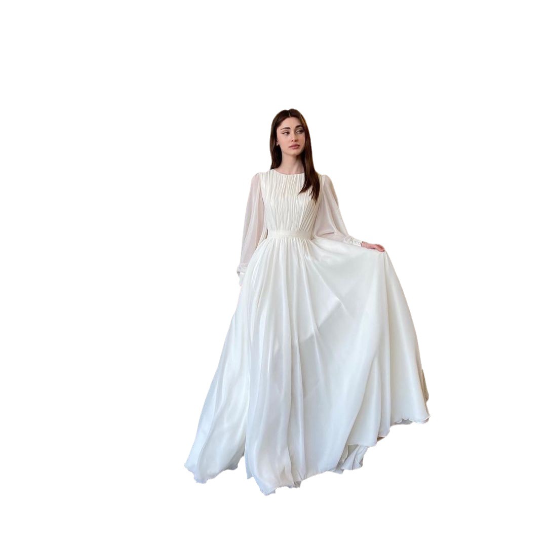 2023 autumn European and American fashion lantern pearlescent gauze white wedding dress round neck dress Item Picture