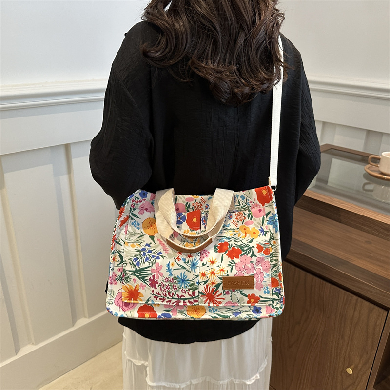 Autumn floral print bag, personalized 2024, large capacity double-pocket, stylish beach shopping bag, crossbody single-shoulder handbag for women Specification image
