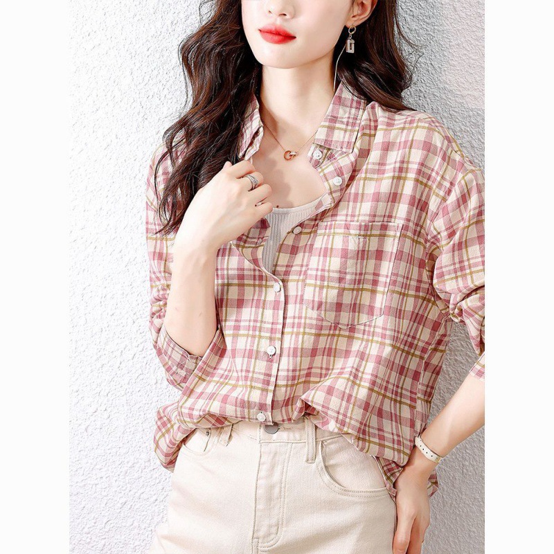 Thin cotton checkered shirt for women's spring and autumn new 2024 Korean-style shirt, fashionable casual shirt, long-sleeved top details Picture