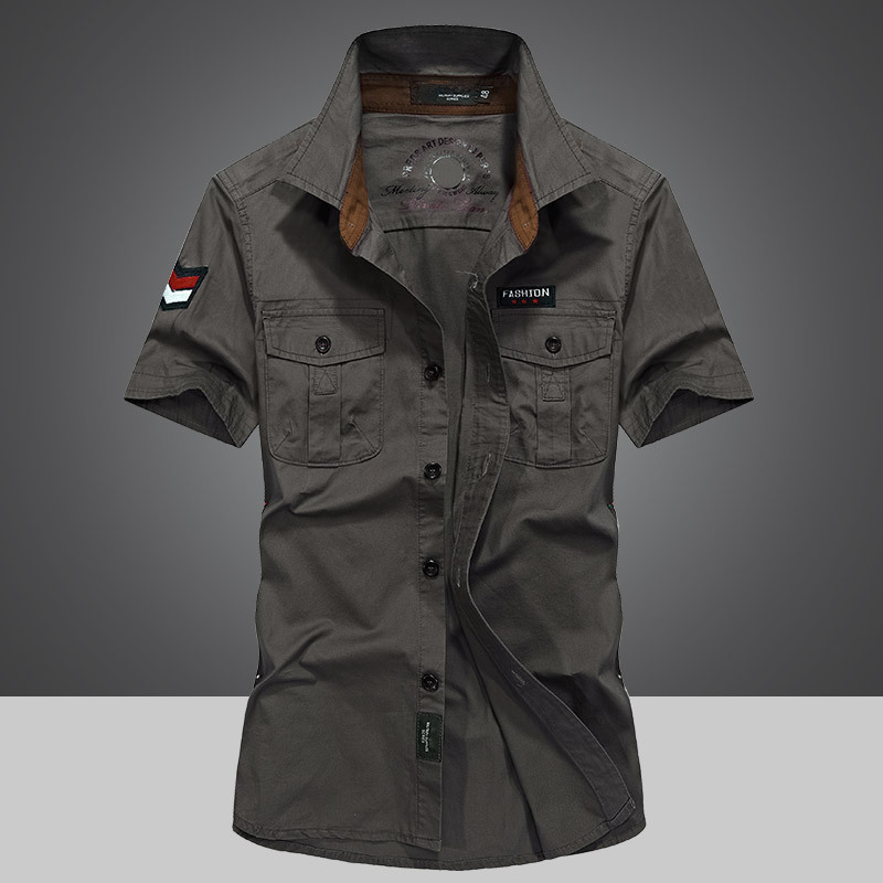 Summer new collection of men's short-sleeved shirts: pure cotton mid-age loose washed half-sleeved solid color workwear shirts for men details Picture