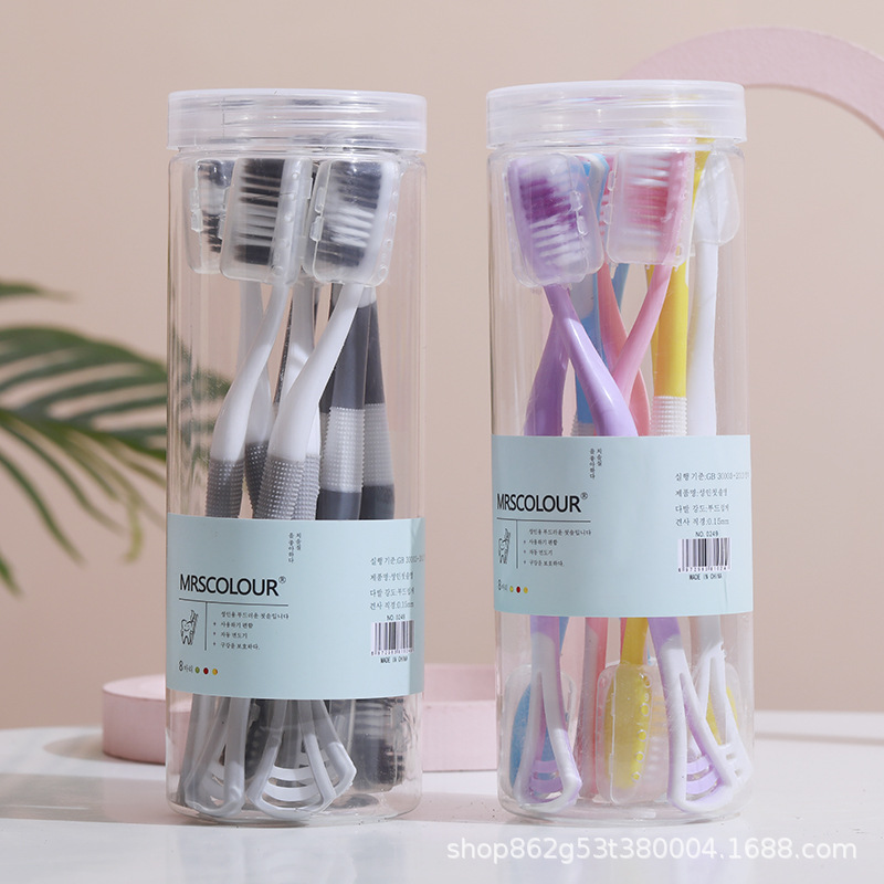 厂家直供桶装八支装刮舌苔牙刷软毛硅胶成人刮舌苔双效刮舌器牙刷