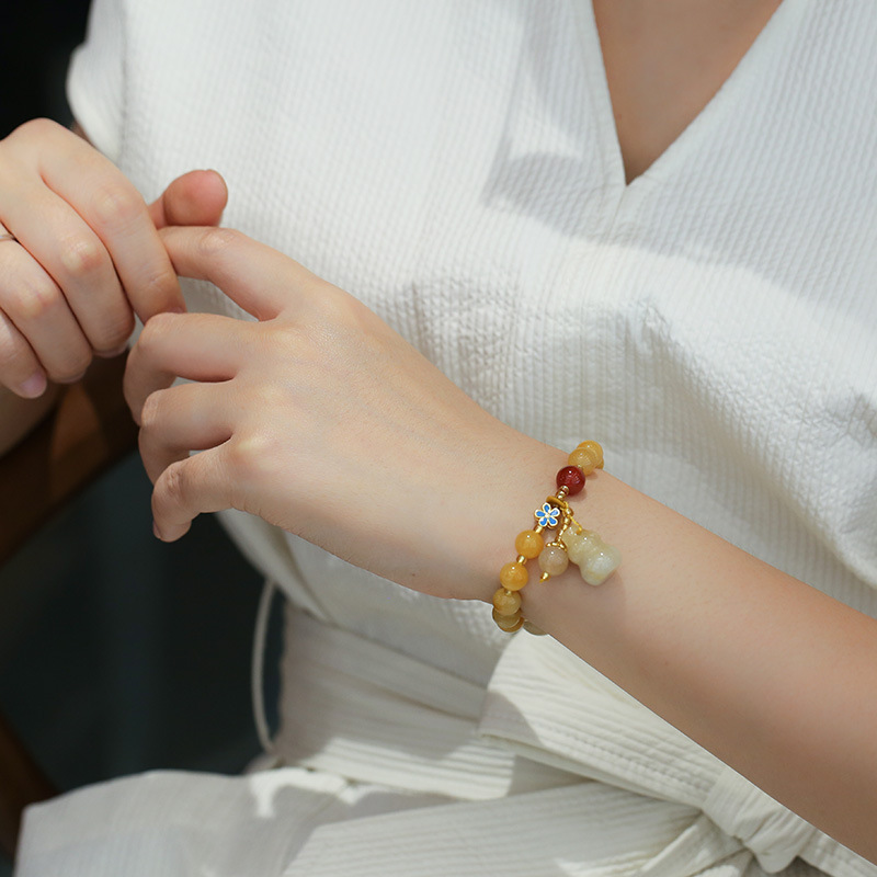 Qiu's Natural Xinjiang Golden Thread Jade Yellow Bracelet, best friend gift, small gourd tassel women's round bead jade bracelet Specification image