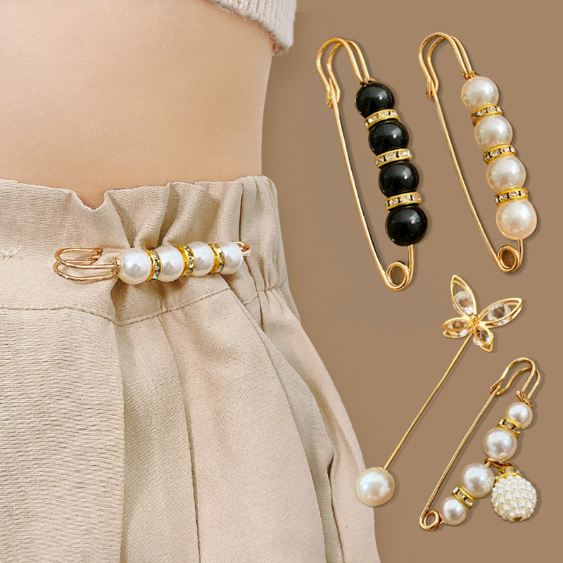 Pearl waistband pin to hold the waistband of clothing waist reduction tool anti-slip brooch for women's pants waistband pin full figure