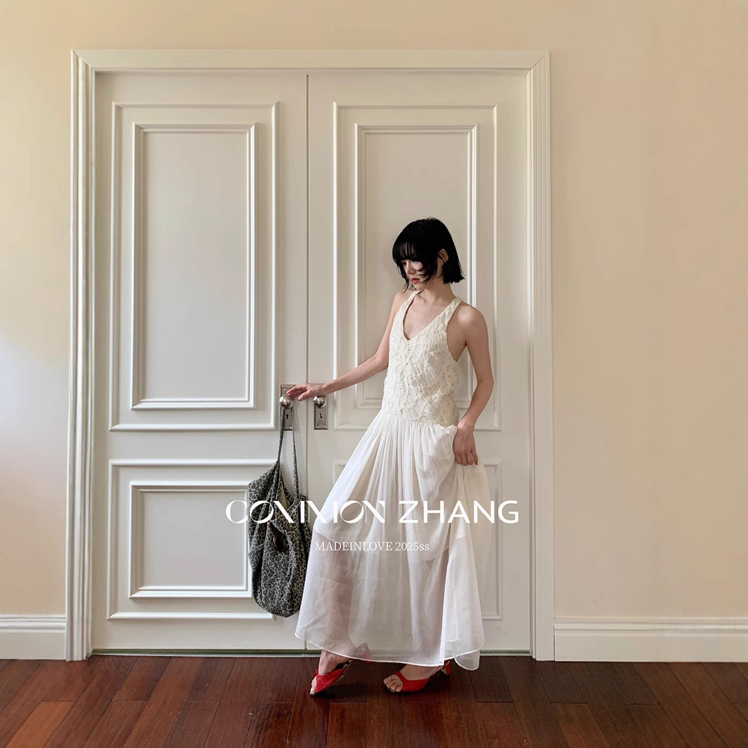 CZ ZHANG Mocha Mousse retro pleated V-neck dress Texture backless slightly transparent long dress B26987 details Picture