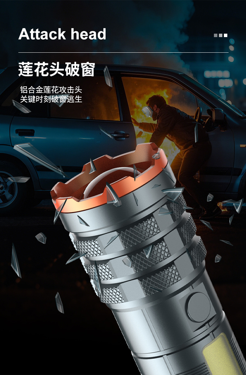 远射手电筒铝合金变焦户外强光高亮手电筒COB露营侧灯工作灯批发详情10