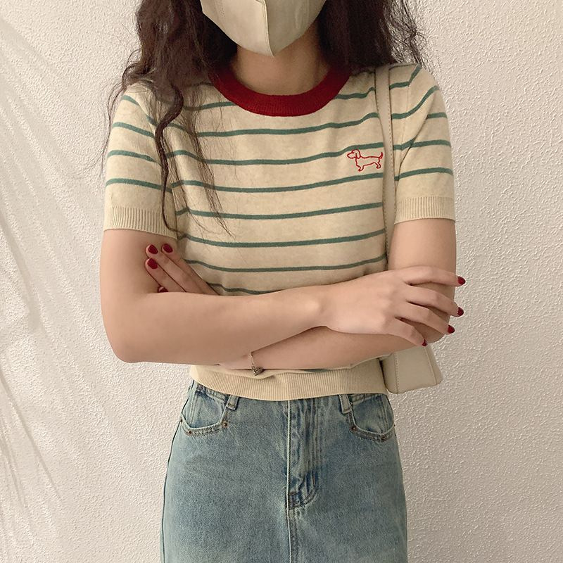 Round-neck striped short-sleeved T-shirt 2025 Loose color contrast embroidery new summer versatile ins casual commuter top for women Specification image