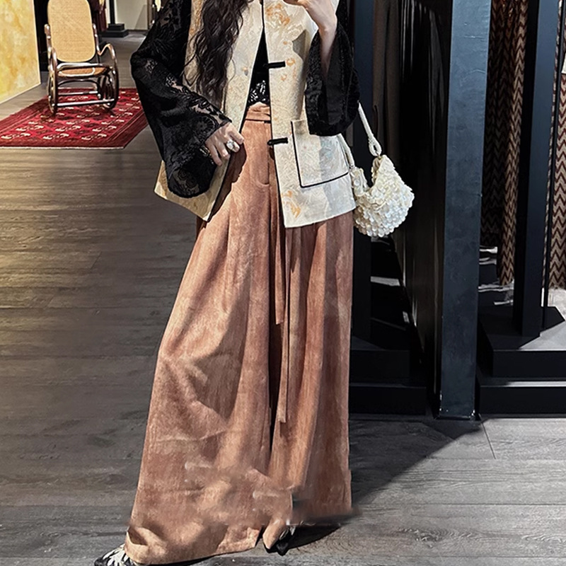 National trend chaji style stir-fried color casual suit pants, casual straight-leg cotton and linen short wide-leg pants