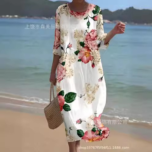 Summer 2024 Cross-border Amazon European and American women's round-neck long printed casual and fashionable women's dresses details Picture