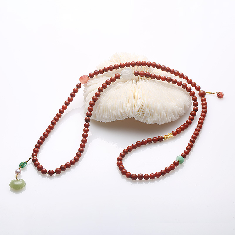 Natural Nan Hong agate four-circle hanging Hetian Jade Fortune lock bracelet, 999 pure gold PI Xiu double pendant multi-circle bracelet Specification image