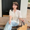 Korean lace-embroidered hollowed-out short-sleeved blouse for women in the summer of 2025, a new French waist-cinching top for chubby girls, 222447 Specification image