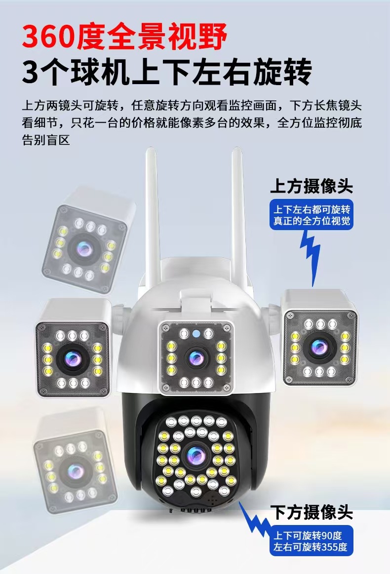 Four-lens outdoor waterproof 360-degree wide-angle camera, intelligent human shape detection monitoring orchard anti-theft camera pic 3