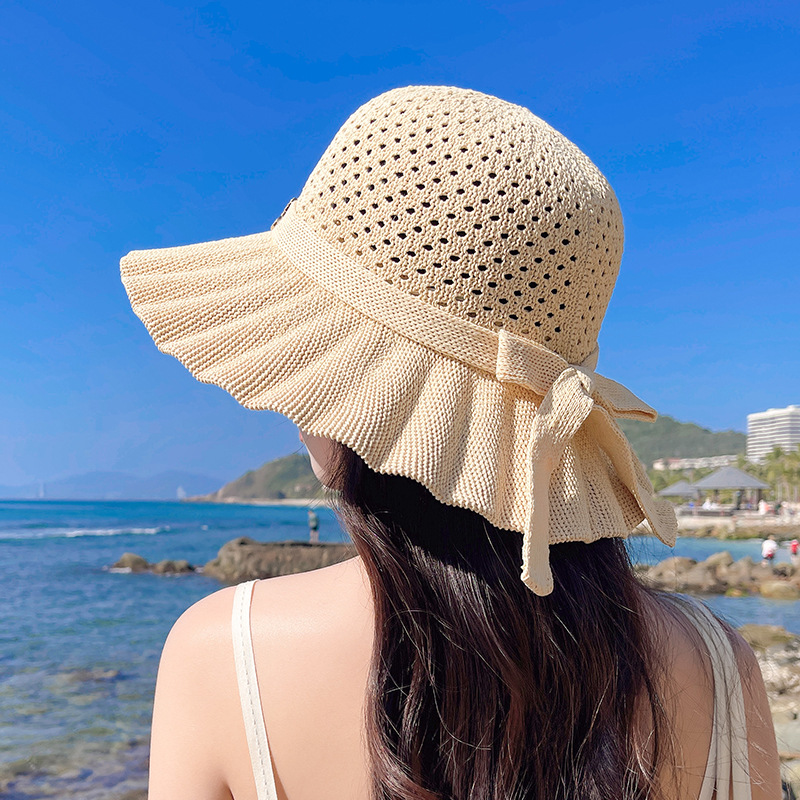 New summer women's wide-brimmed cool beach hat, outdoor sunshade and sun protection bow fisherman hat, knitted basin hat Application Scenario