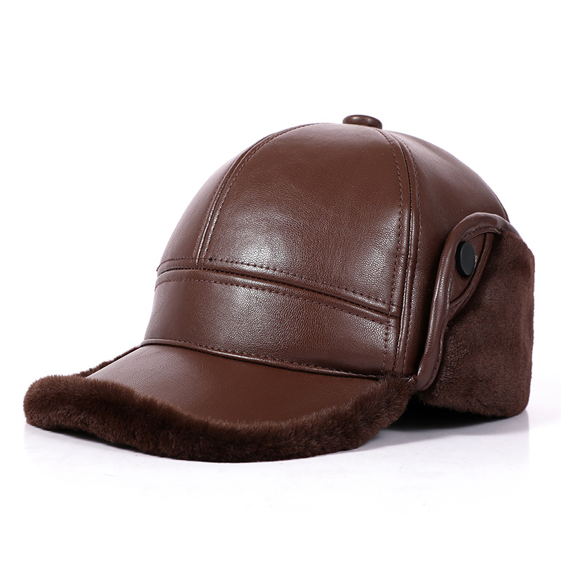 Middle-Aged And Elderly Pu Hat Male Winter Grandpa Warm Lei Feng Hat Plus Velvet Thick Leather Hat Old Ear Cap Item Picture