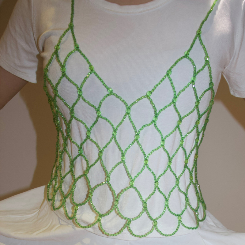 Fashionable and elegant, niche hand-woven pearl crystal body chain vest, sexy hollowed-out halter body chain trend