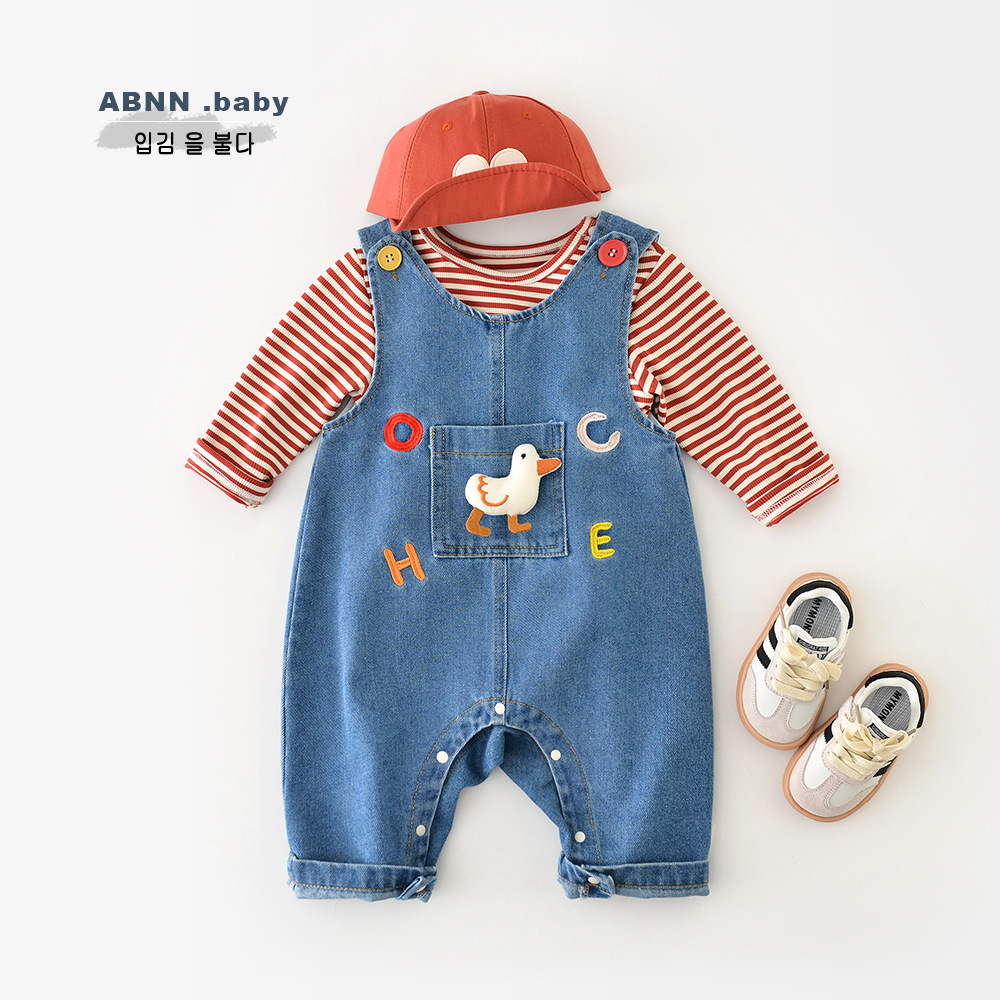 阿宝囡囡春秋新款儿童卡通裤子 宝宝新生儿小鸭子牛仔背带裤51618