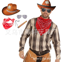 节日派对装扮用品西部牛仔治安警长六角形定型帽雪茄墨镜变形性虫腰果方巾套装