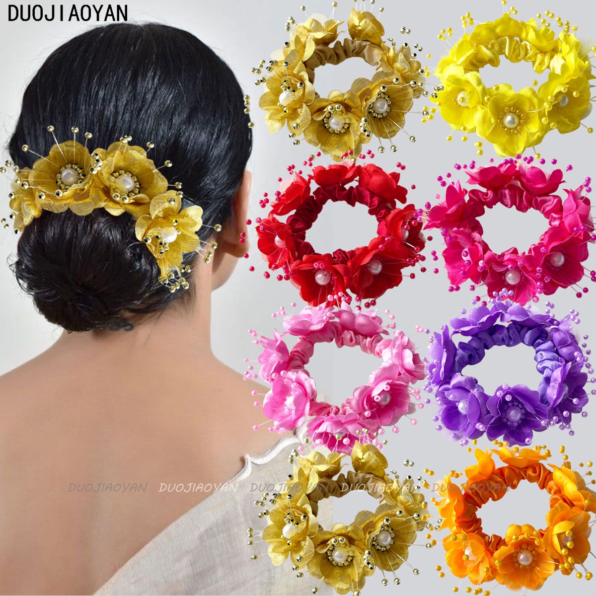 New cross-border pearl silk flower hair bands, realistic and gorgeous camellia flower bridal headwear, Organza wedding hair ties in stock full figure