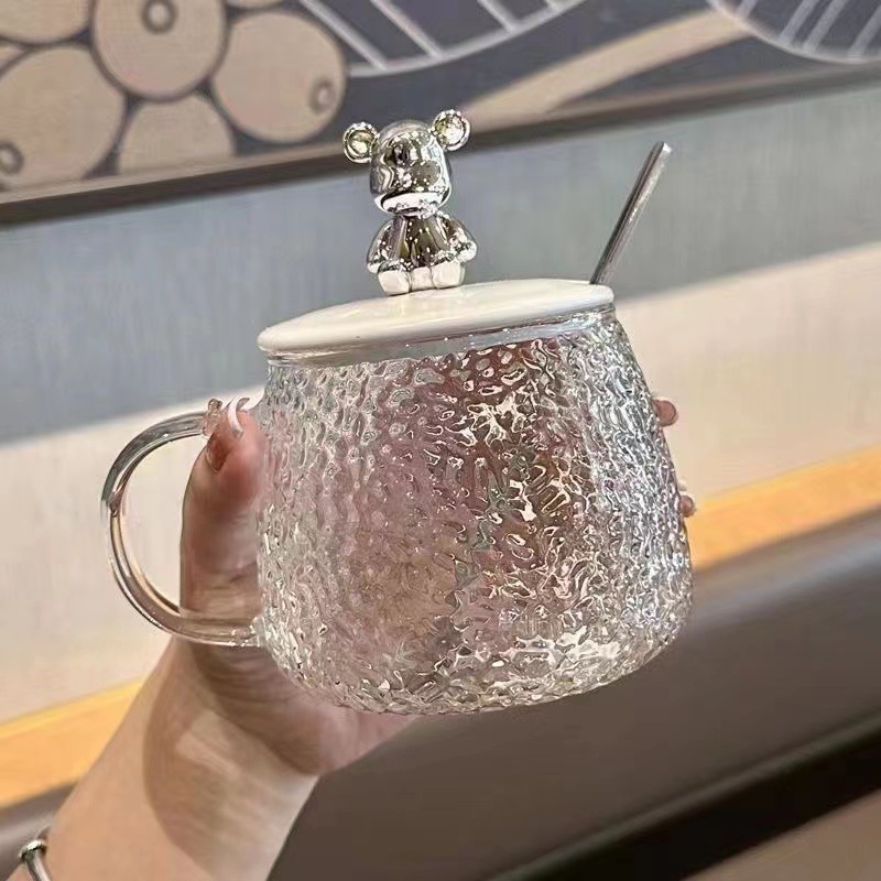 Free shipping and delivery of Little bear cups on Instagram, high appearance level flower tea, simple breakfast, glass lid, cute Mark big belly water cup details Picture