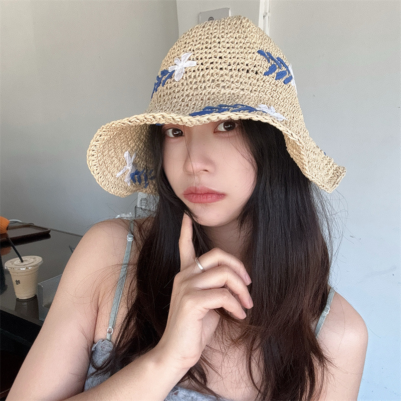 大檐草帽女夏季手工钩花度假沙滩遮阳草编太阳帽甜美百搭显脸小帽