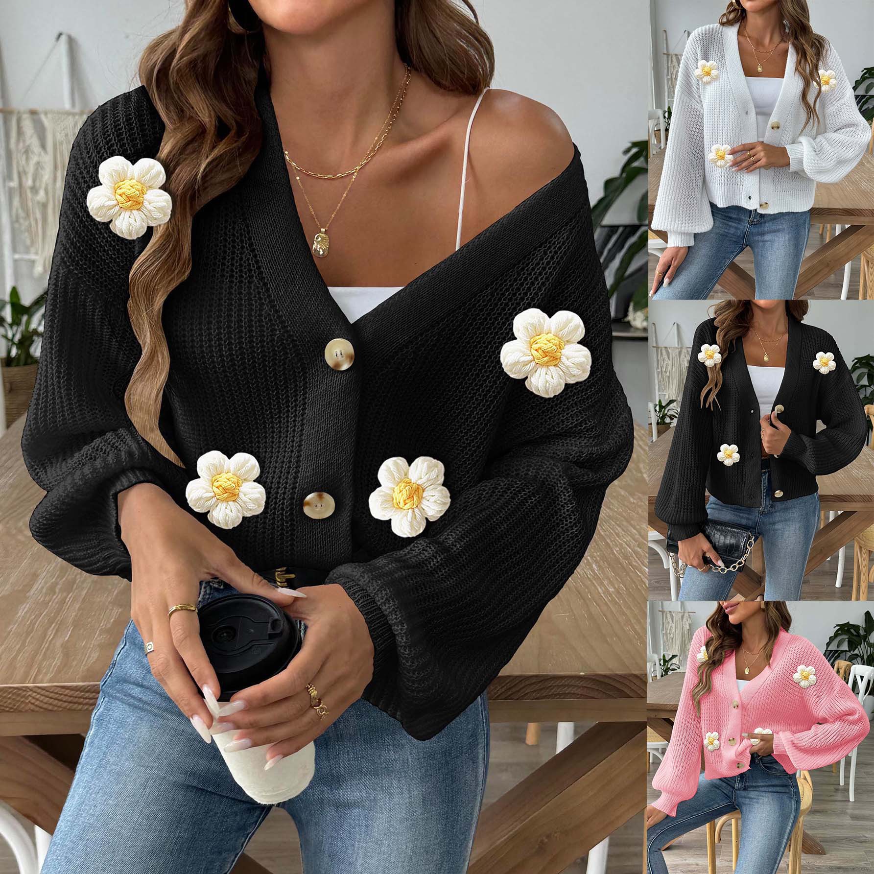 Women's woven sweaters, cross-border European and American women's clothing, autumn and winter hand-hooked flower patchwork short button coat sweater cardigan