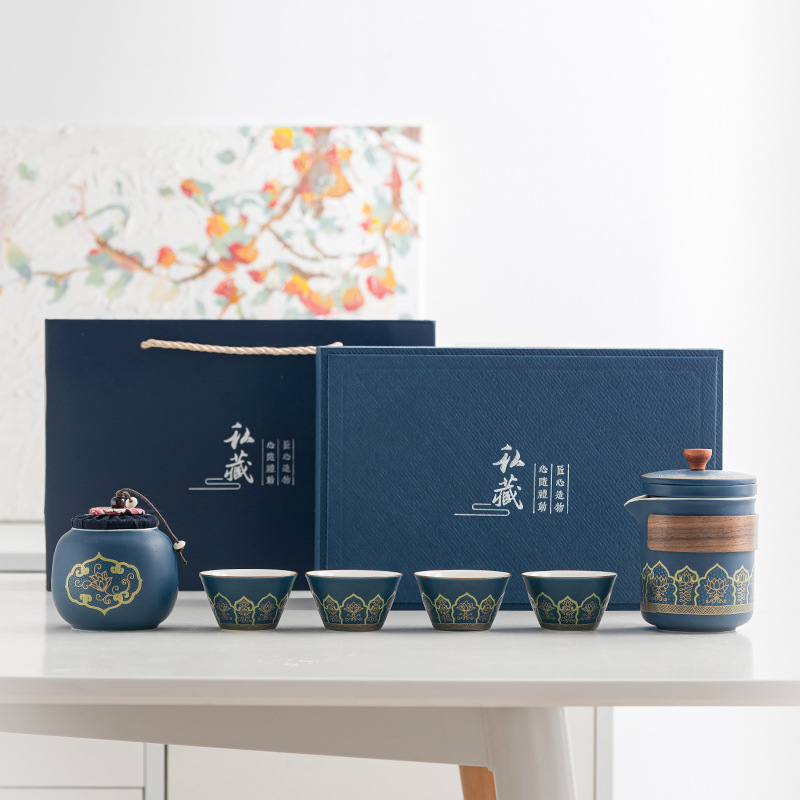 Travel tea set, ceramic quick customer cup, portable one pot, three cups, company business gift, festival souvenir, logo Specification image