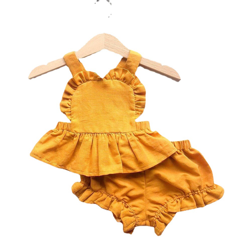 ins Summer children's cotton and linen fly-sleeved top +pp hot pants baby two-piece set with baby straps Item Picture
