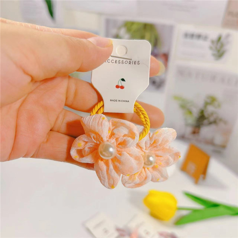 New Seersucker Five Flower Pearl Children's Scrunchie Girls' Hair Accessories Chitter Baby Hair Accessories Head String Leather Band Application Scenario