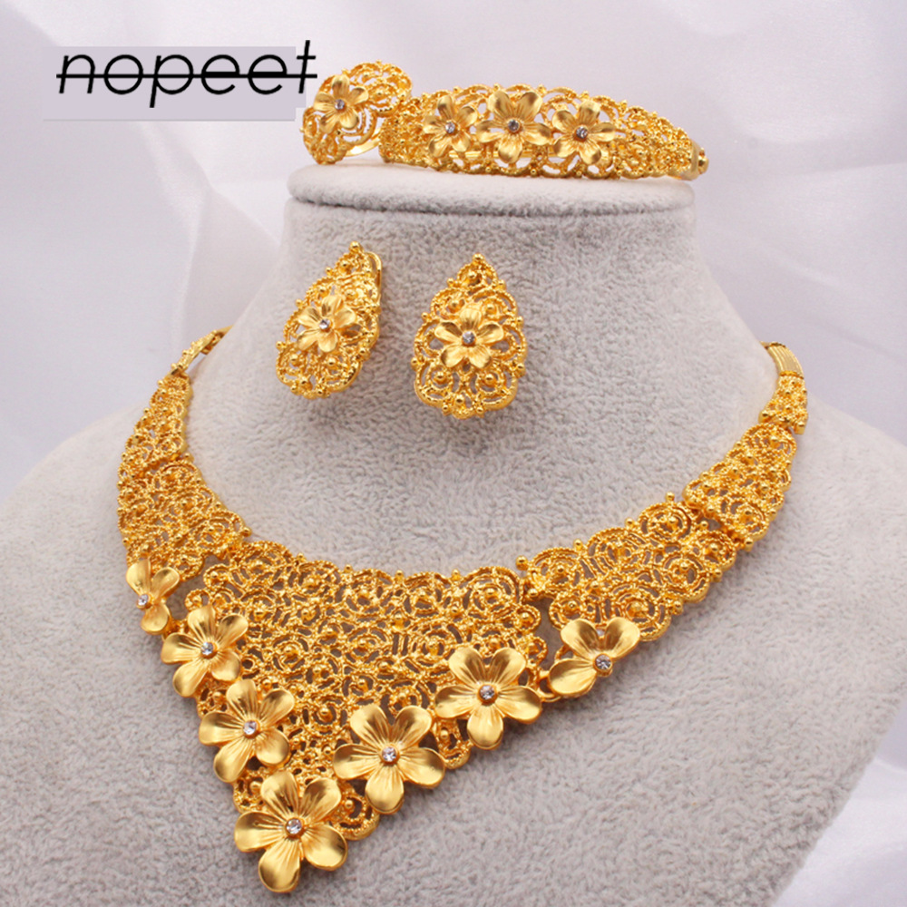 迪拜黄金饰品非洲新娘首饰套装沙特女式项链手链耳环戒指四件套