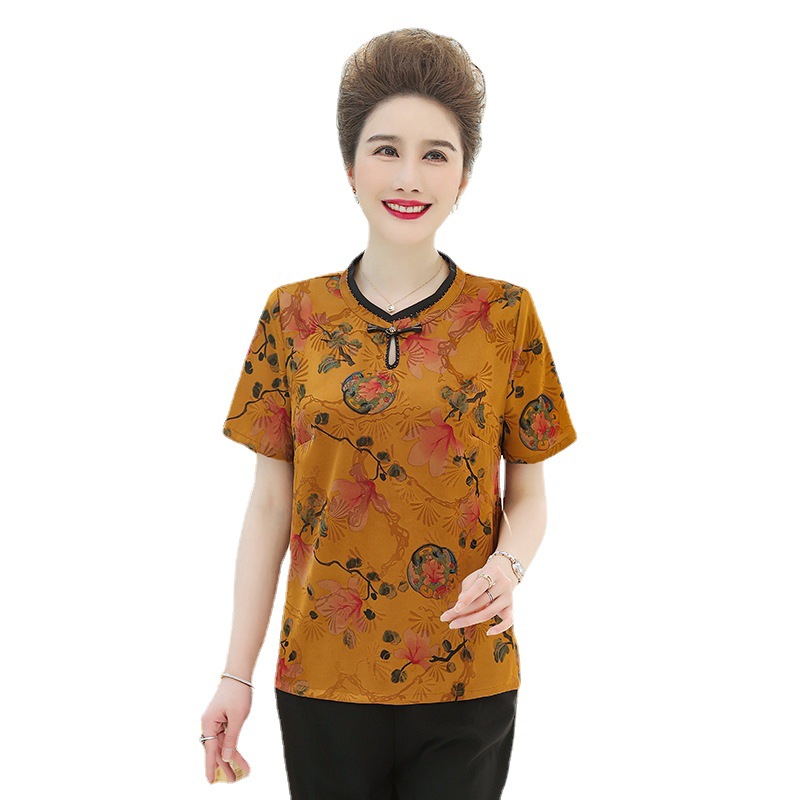 New Spring and Autumn round-neck pullovers chiffon top for middle-aged and elderly mothers. Women's fashion, large-sized breathable Chinese-style short-sleeved outerwear Item Picture