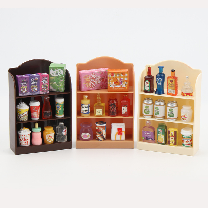 Mini simulation dollhouse ornaments, beverage supermarket shelves, miniature food toys, table model shelves, role-playing toys Application Scenario