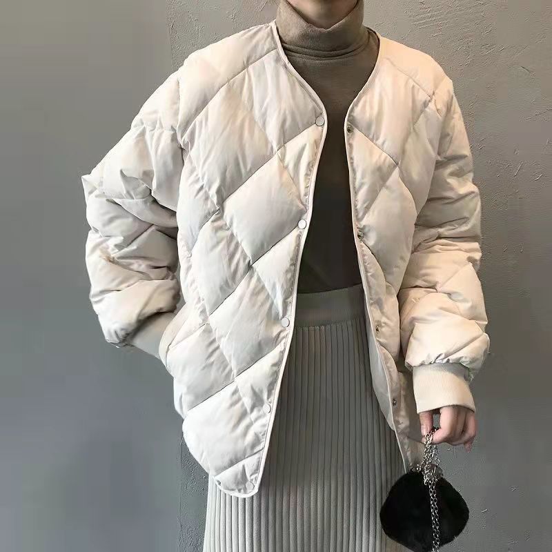 菱格棉服女冬季2022年新款面包服羽绒棉无领棉袄短款棉衣外套