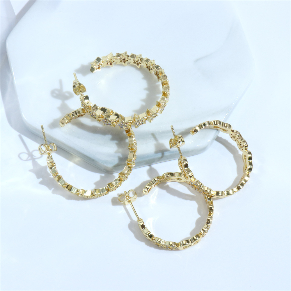 Cross-Border New Star C-Shaped Earrings Copper Micro-Inset Zircon Personality Exaggerated Big Ear Earrings Ins Ear Accessories Specification drawing
