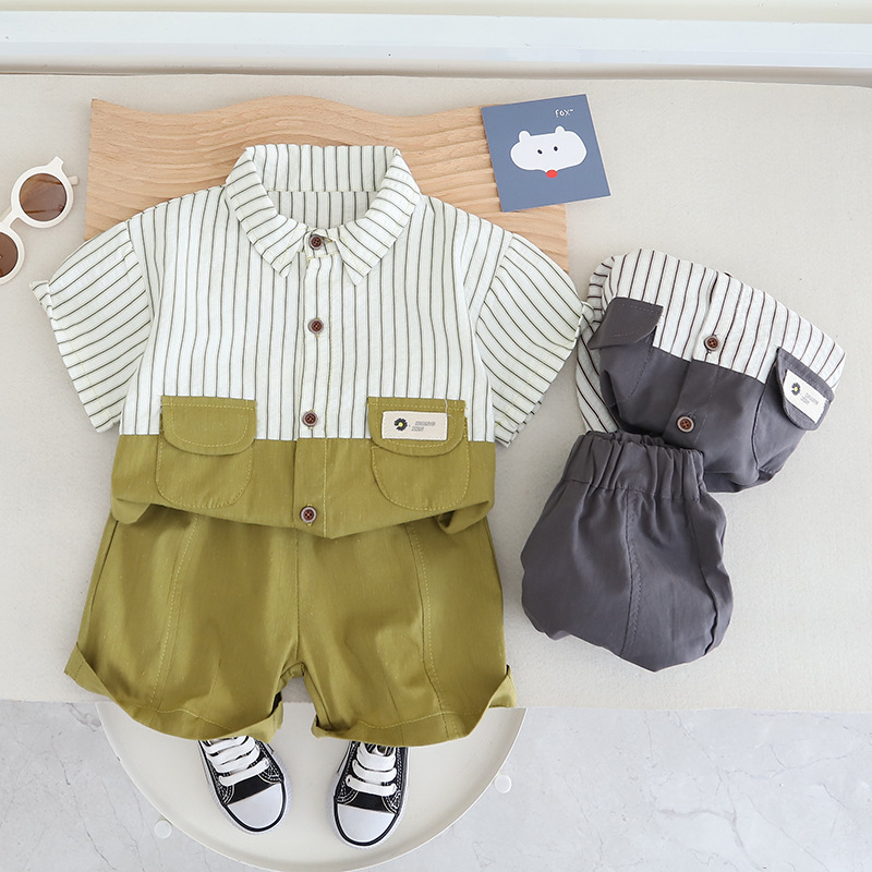 Boys' summer shirt set, stylish short-sleeved lapel striped shirt for kids, casual two-piece set, trendy