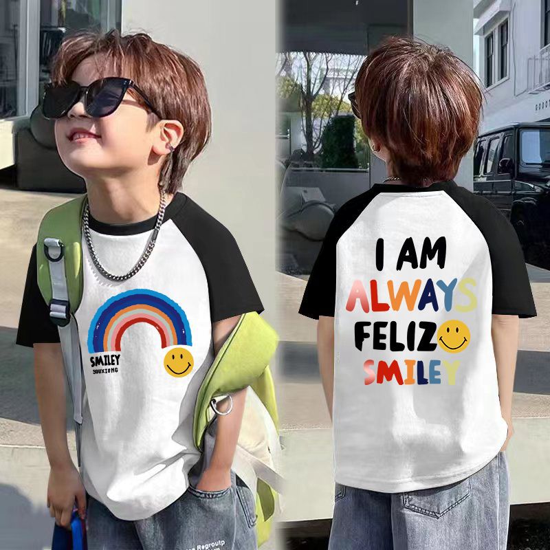 Chico camiseta manga corta bump colour 2025 nuevo verano niño medio-grande media manga patchwork top groovy Specification image