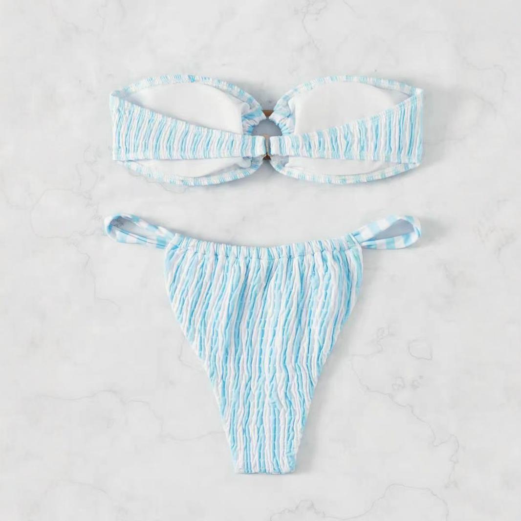 Cross Border Blue Stripe Small Fresh Sexy Backless Bra Pull Up Cable Bikini European And American Two-Piece Swimsuit details Picture