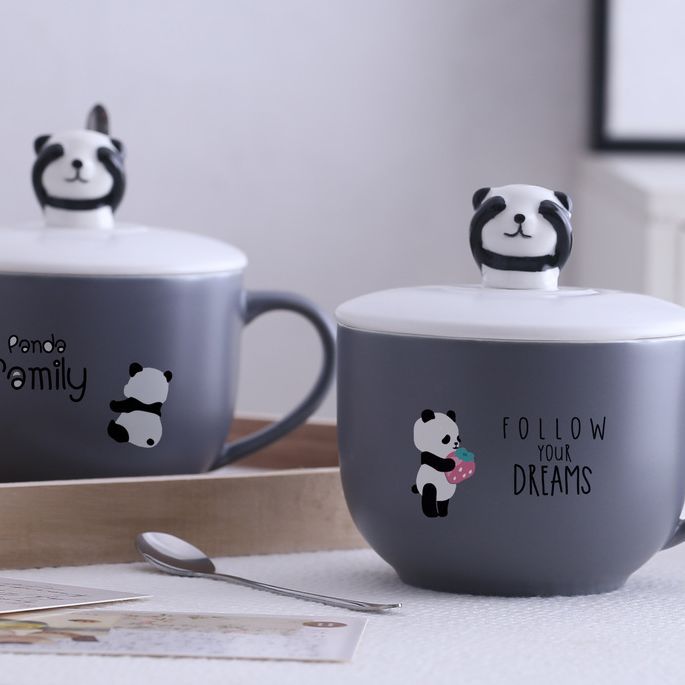A cute hand-painted ceramic large breakfast cup, oatmeal cup with lid and spoon, and a large-capacity drinking cup that is popular among home Internet celebrities details Picture