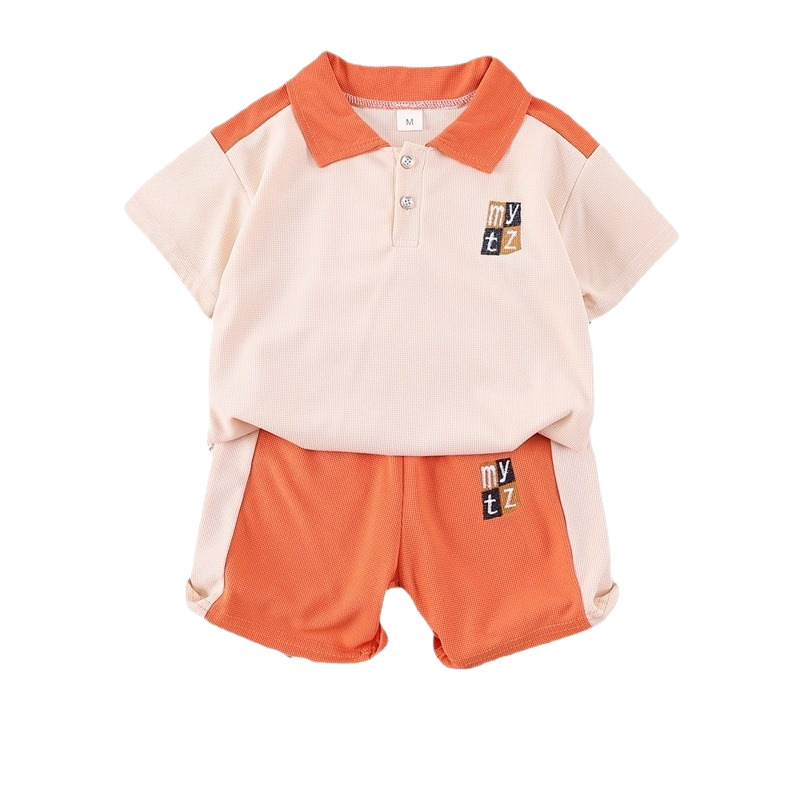 Boys' summer set, 0-5 years old children's summer short-sleeved lapel Polo shirt, baby fashionable T-shirt and shorts two-piece set Item Picture