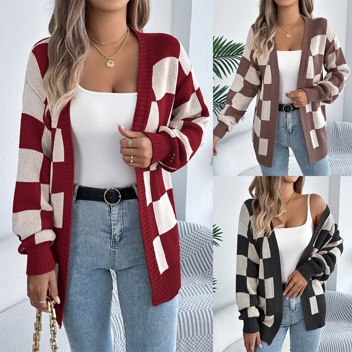 2025 European and American autumn/winter color-blocking checkered lantern-sleeved cardigan, mid-length coat, Amazon cross-border women's clothing