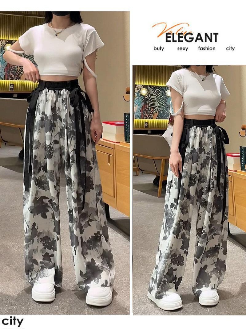 Printed National Style Pants Summer Ice Silk Chiffon Wide Leg Pants Women's Thin Casual Streamer Pants Straight Leg Long Pants For Women Application Scenario