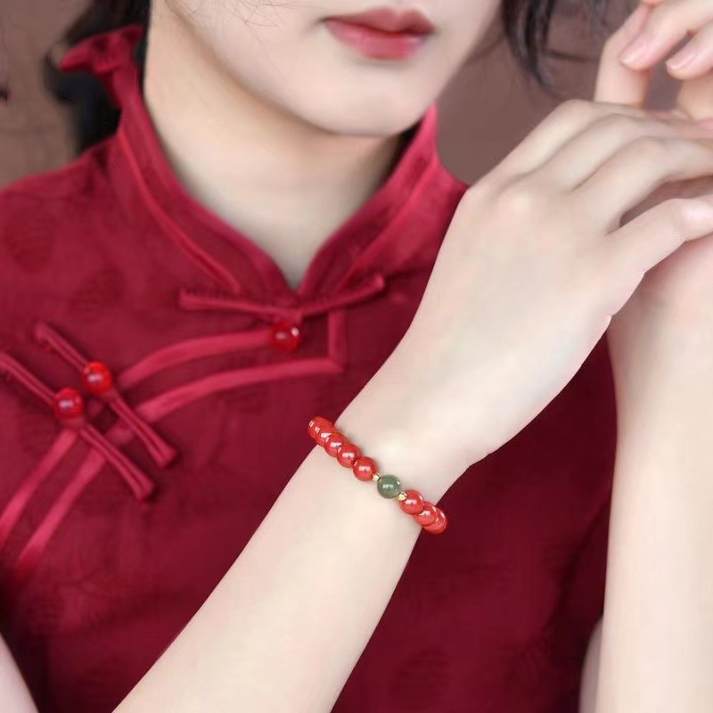 Chinese cinnabar red single-loop bracelet, natural Hetian jade clear water, versatile purple gold sand traditional Chinese style jewelry wholesale Specification image